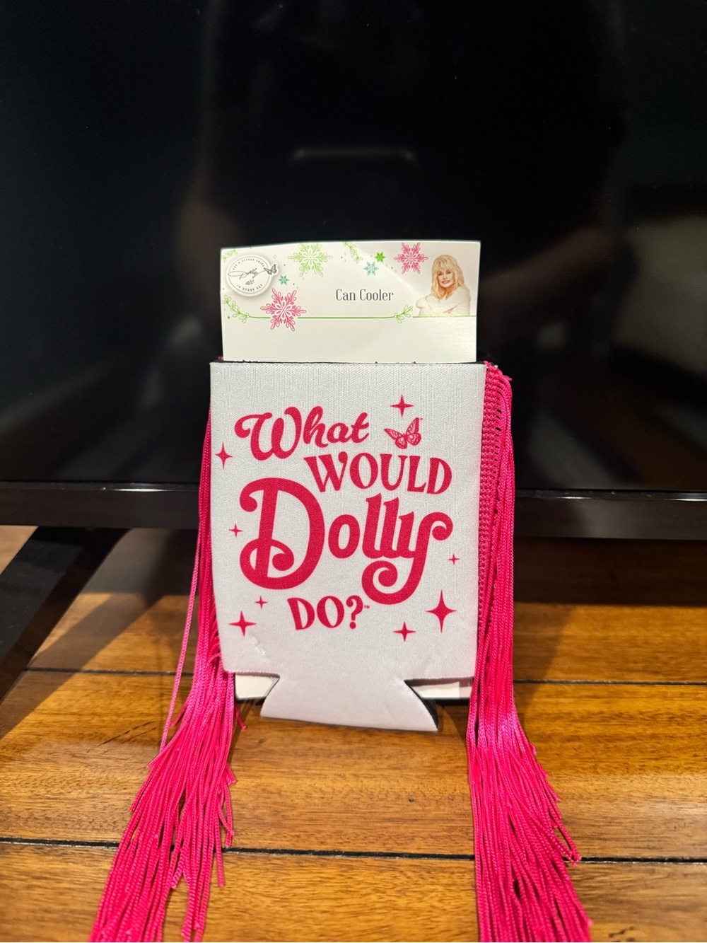What Would Dolly Do? Pink Can Cooler with Fringe